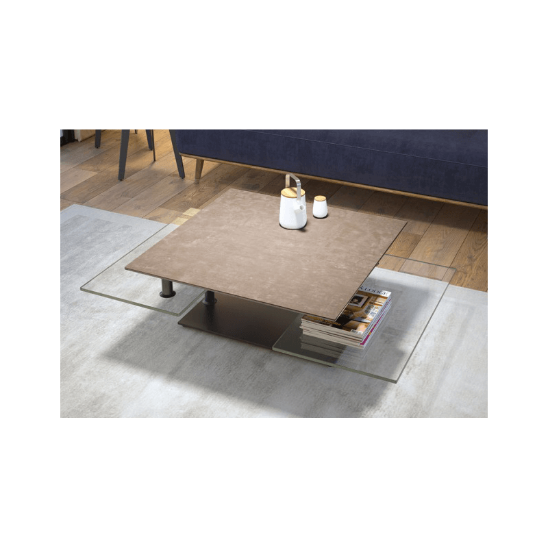 QUAD - Table basse plateaux pivotants céramique ou verre avec piètement acier 