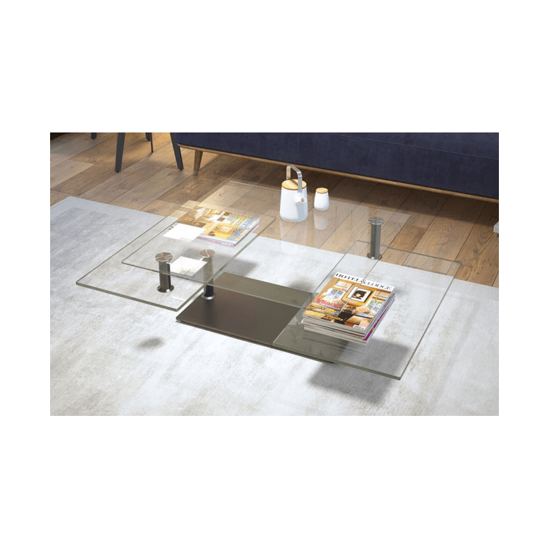 QUAD - Table basse plateaux pivotants céramique ou verre avec piètement acier 