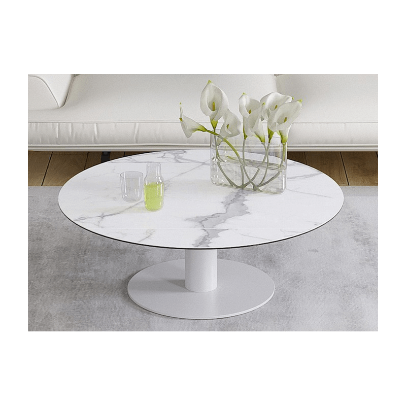 UNA - Table basse extensible plateau céramique pied acier métal laqué blanc 