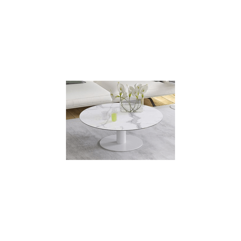 UNA - Table basse extensible plateau céramique pied acier métal laqué blanc 