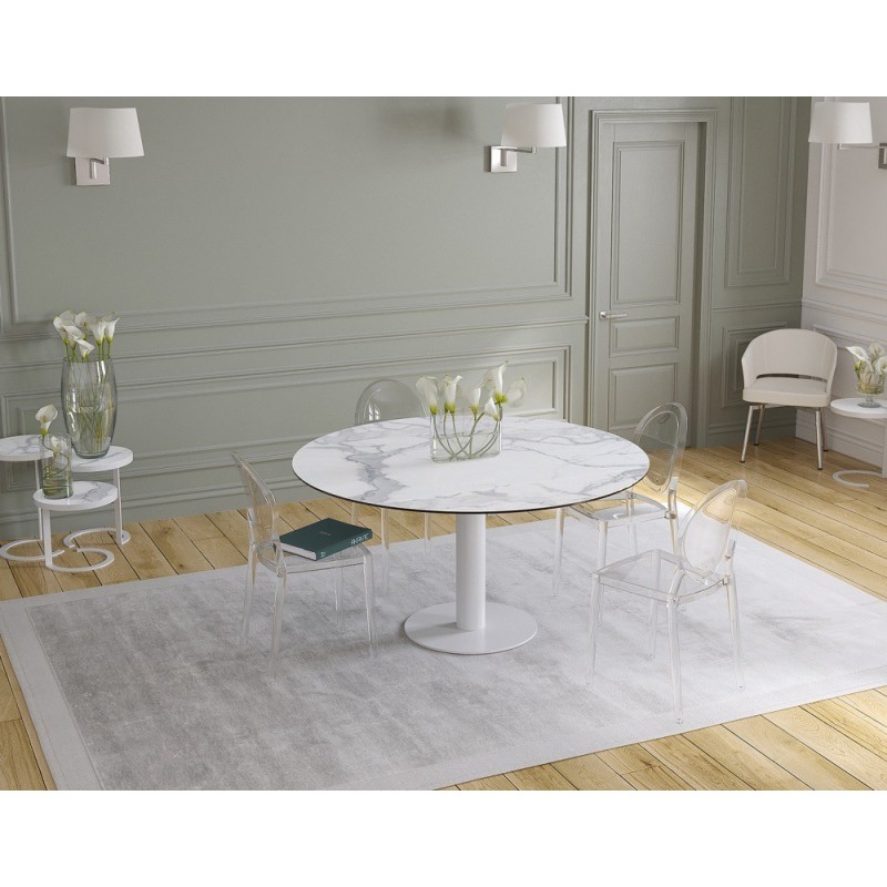 UNA - Table de repas extensible deux allonges intégrées pied central acier laqué blanc 