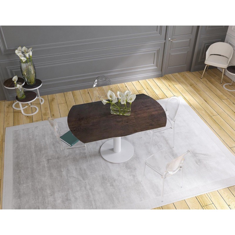 UNA - Table de repas extensible deux allonges intégrées pied central acier laqué blanc 