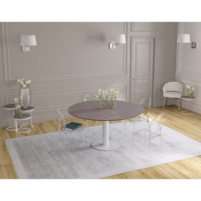 UNA - Table de repas extensible deux allonges intégrées pied central acier laqué blanc 