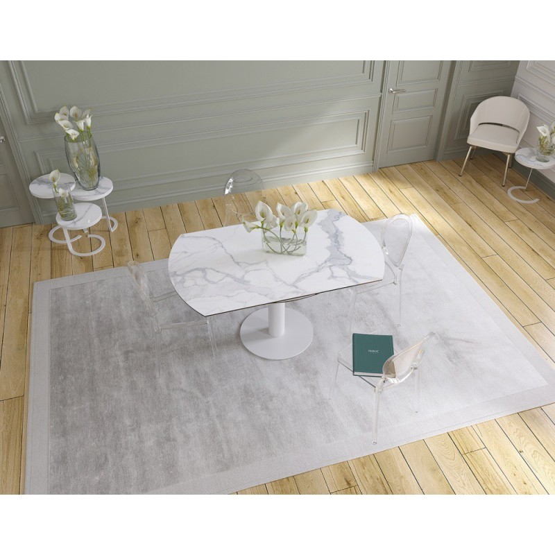 UNA - Table de repas extensible deux allonges intégrées pied central acier laqué blanc 