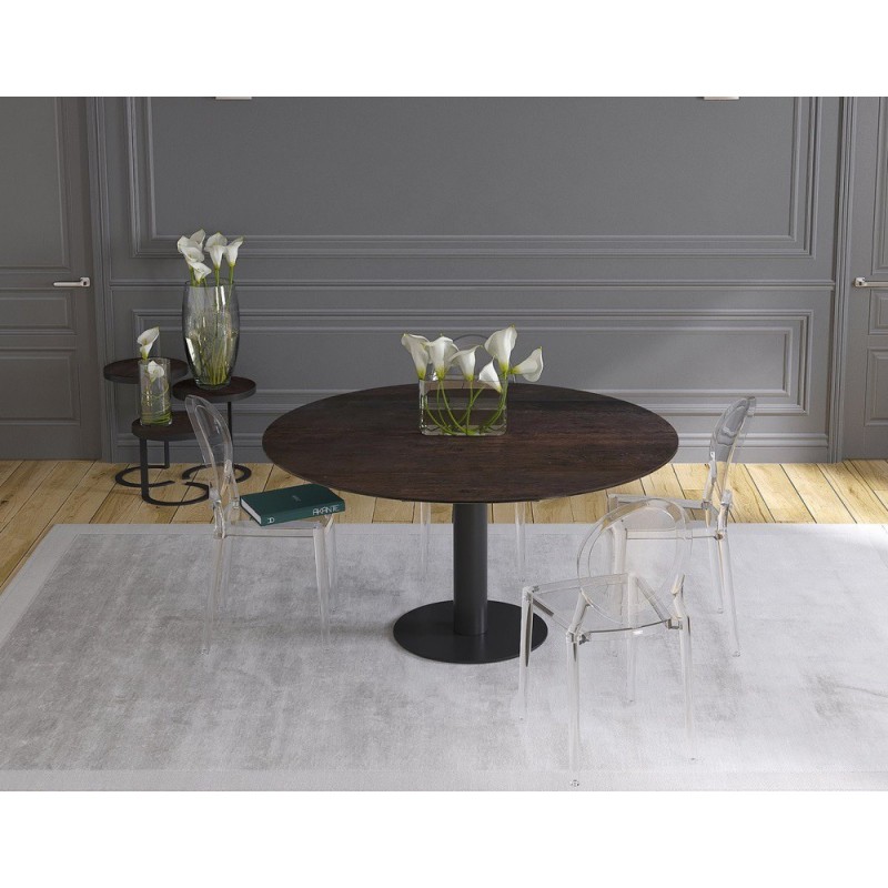 UNA - Table de repas extensible deux allonges intégrées pied central acier laqué noir 