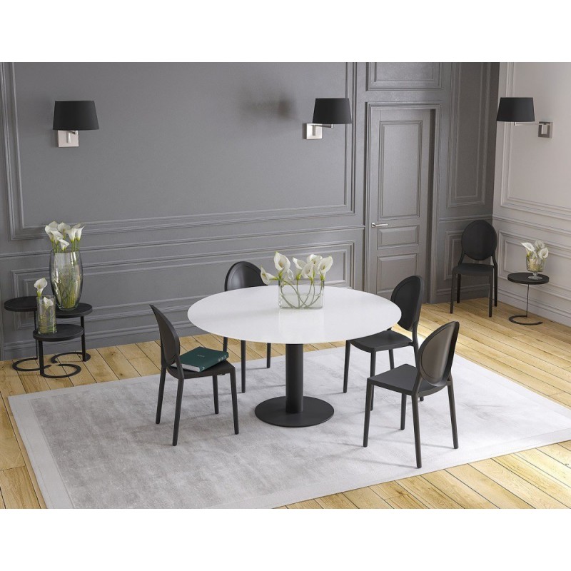 UNA - Table de repas extensible deux allonges intégrées pied central acier laqué noir 