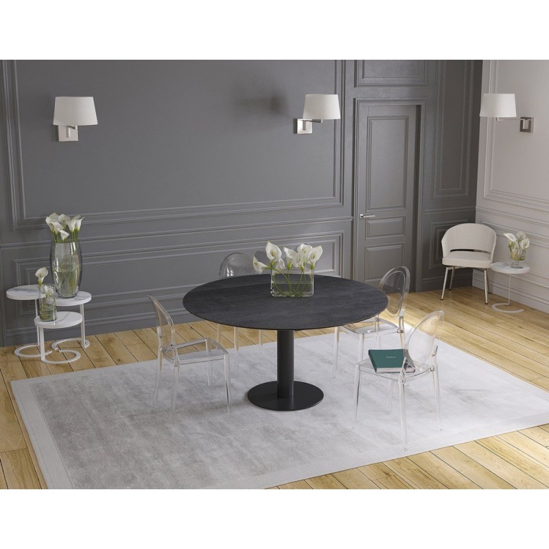 UNA - Table de repas extensible deux allonges intégrées pied central acier laqué noir 