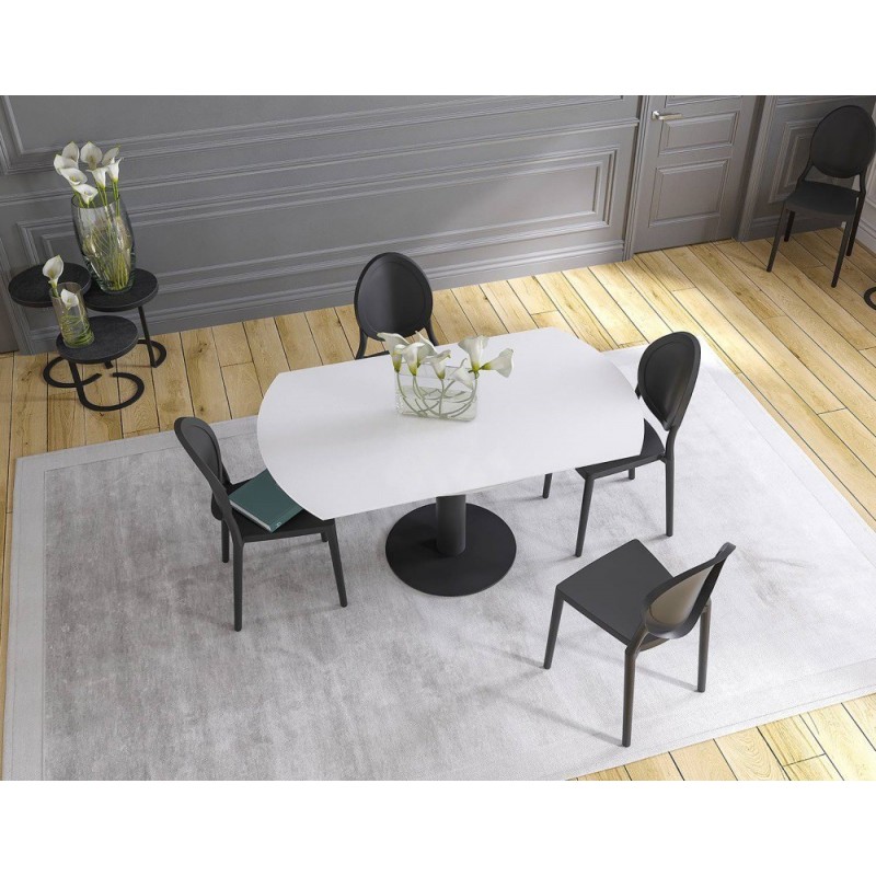 UNA - Table de repas extensible deux allonges intégrées pied central acier laqué noir 