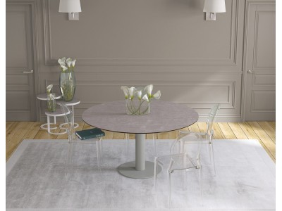 UNA - Table de repas extensible deux allonges intégrées pied central acier laqué gris 