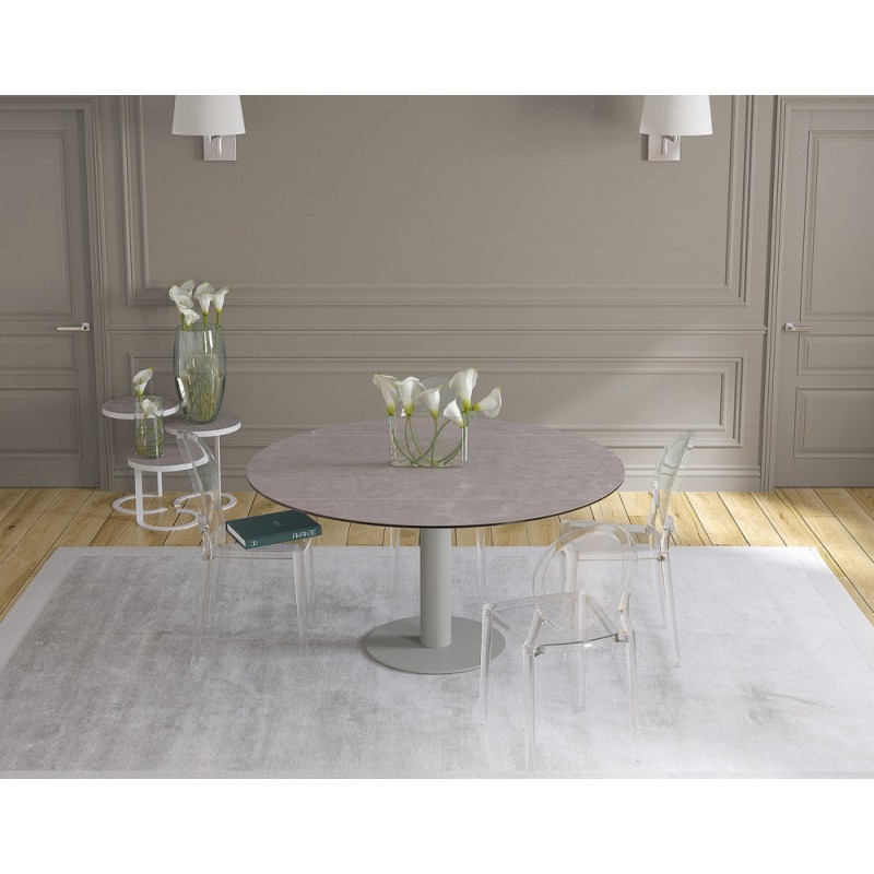 UNA - Table de repas extensible deux allonges intégrées pied central acier laqué gris 