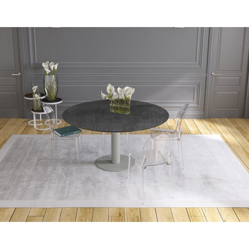 UNA - Table de repas extensible deux allonges intégrées pied central acier laqué gris 