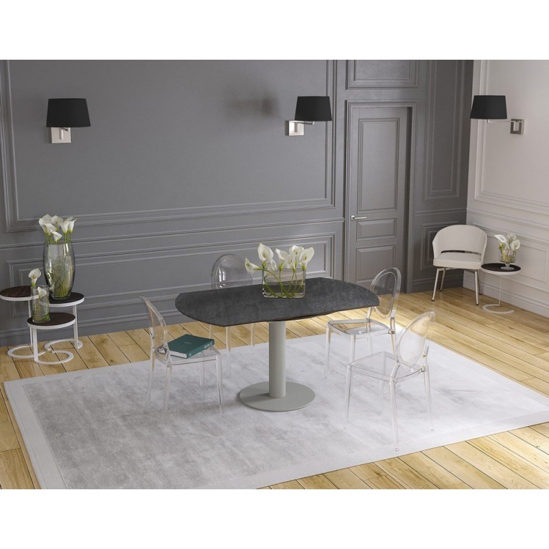 UNA - Table de repas extensible deux allonges intégrées pied central acier laqué gris 