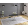 UNA - Table de repas extensible deux allonges intégrées pied central acier laqué gris 