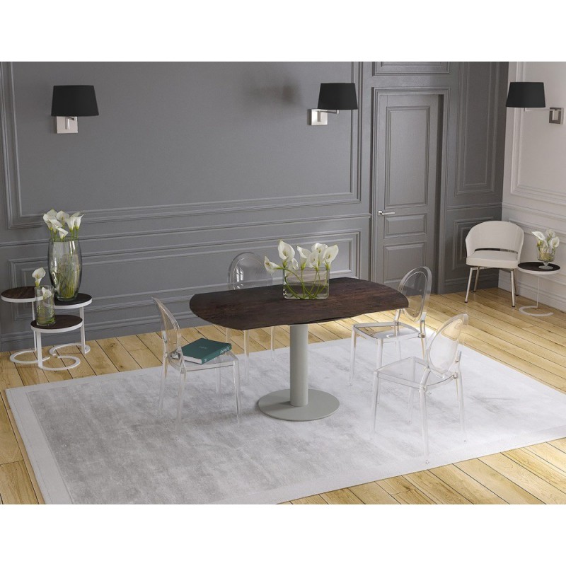 UNA - Table de repas extensible deux allonges intégrées pied central acier laqué gris 