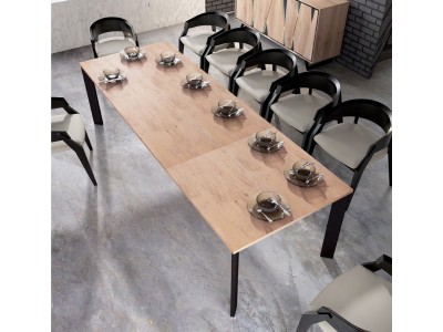 CUTTING - Table de repas pied central avec 2 allonges de 45 cm en bout 