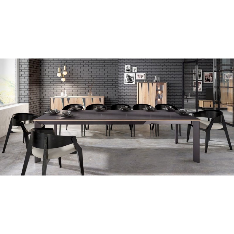 CUTTING - Table de repas pied central avec 2 allonges de 45 cm en bout 