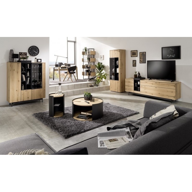 CHIC - Buffet haut 1 porte bois, 1 porte vitrée, 1 tiroir avec option LED 